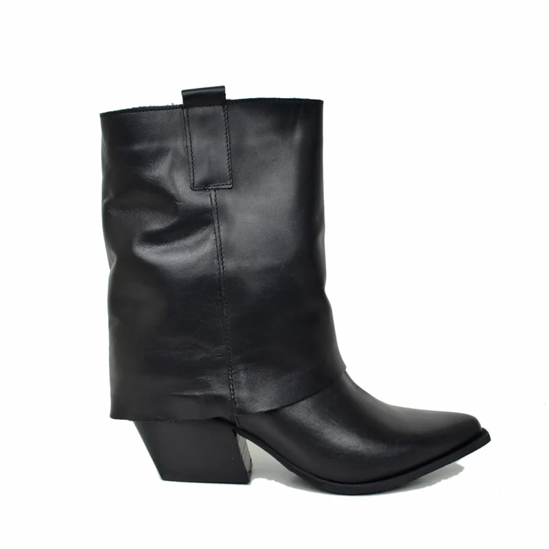 Texanini con Ghetta Tacco Medio Vera Pelle Artigianali Black