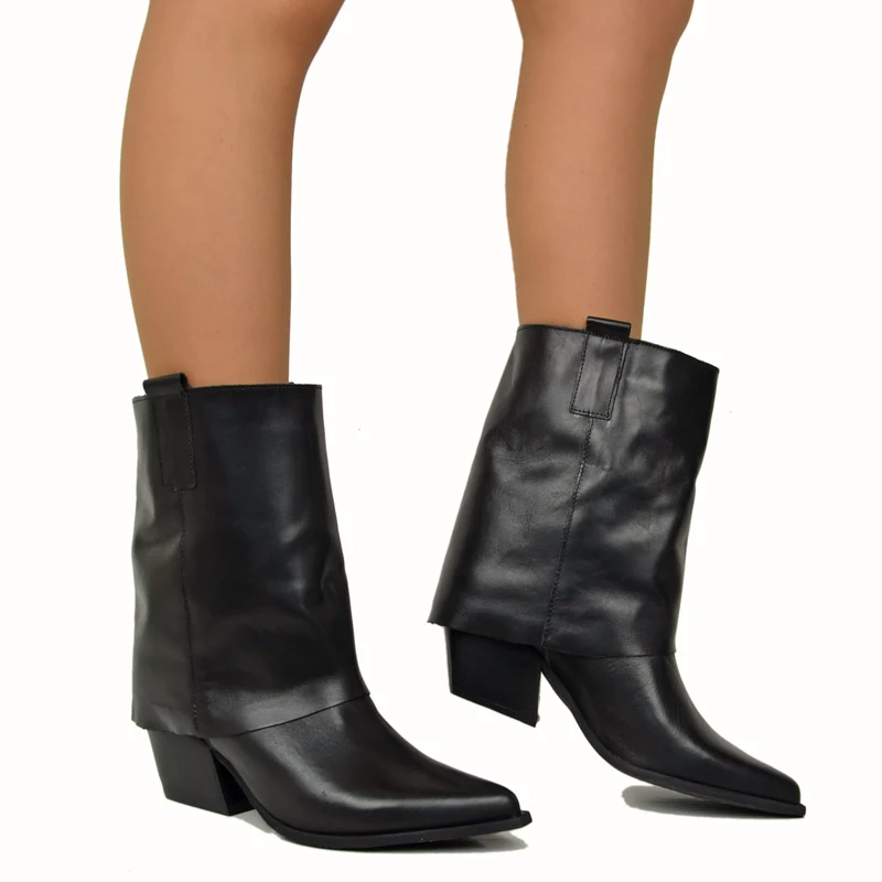 Texanini con Ghetta Tacco Medio Vera Pelle Artigianali Black