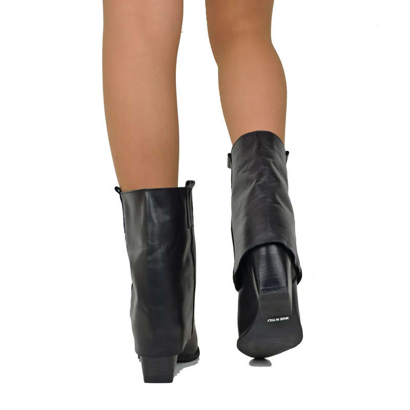 Texanini con Ghetta Tacco Medio Vera Pelle Artigianali Black