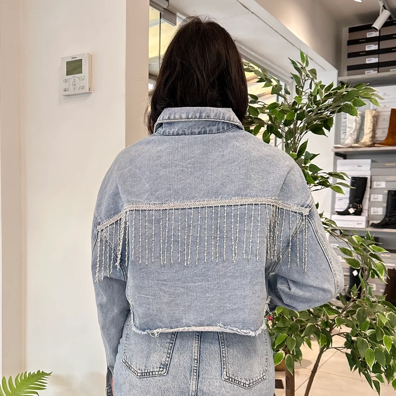 Giacca Jeans Crop con Strass