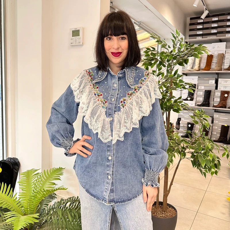 Camicia Pizzo Volant e Strass Spice