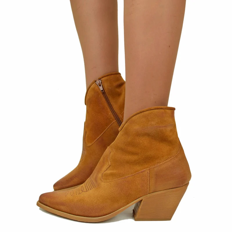 Stivaletti Texani Donna Estivi in Pelle scamosciata Cuoio
