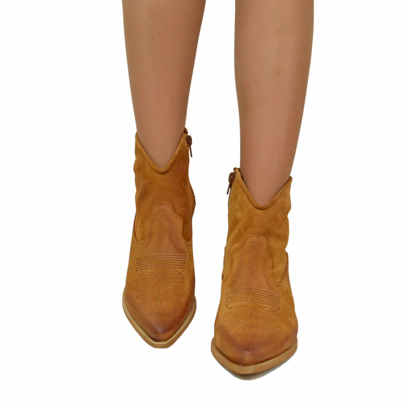 Stivaletti Texani Donna Estivi in Pelle scamosciata Cuoio