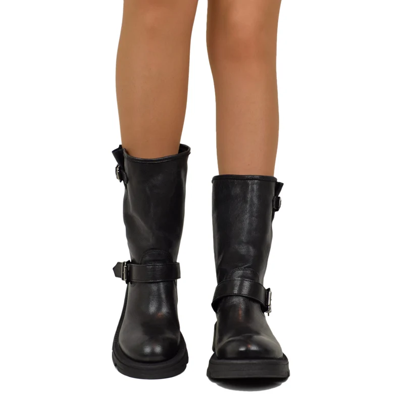 Biker Boots Donna in Pelle con Fibbie Made in Italy