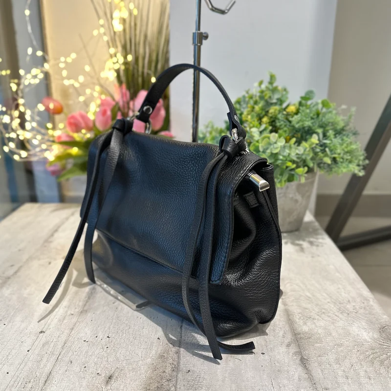 Borsa con Nappine e Zip Argento in Pelle Nera Tracolla Interna