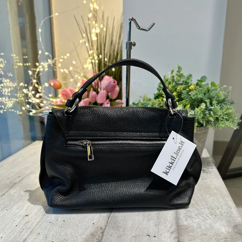 Borsa con Nappine e Zip Argento in Pelle Nera Tracolla Interna