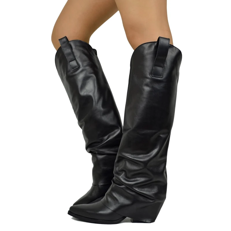 Stivali Texani Neri con Ghetta in Pelle Liscia Made in Italy