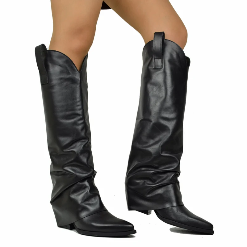 Stivali Texani Neri con Ghetta in Pelle Liscia Made in Italy
