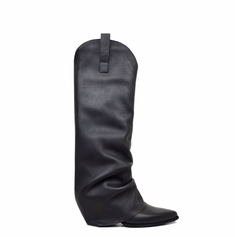 Stivali Texani Neri con Ghetta in Pelle Liscia Made in Italy