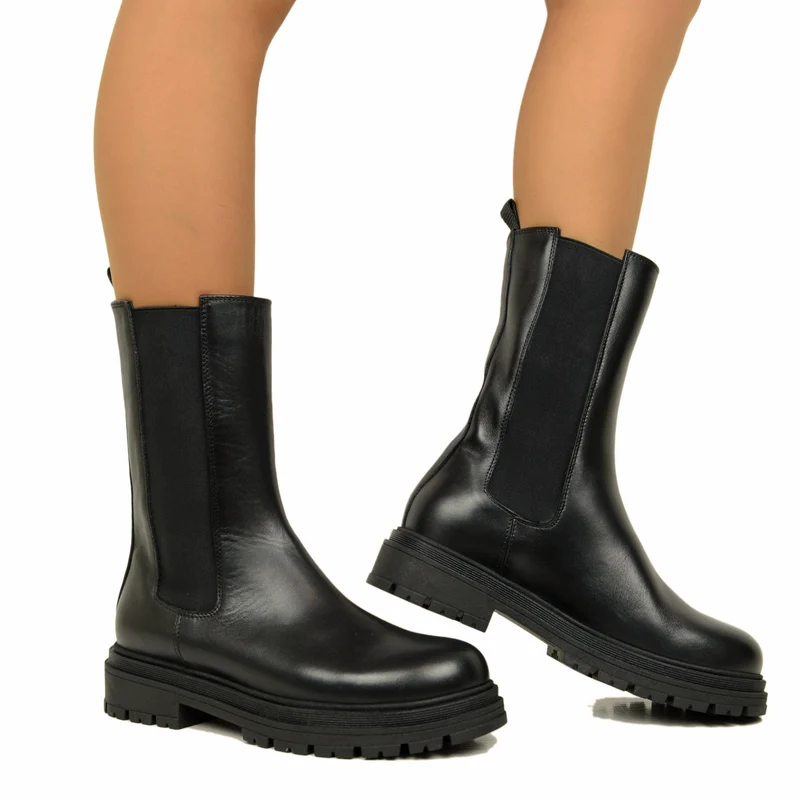Stivaletti Beatles Donna Neri Made in Italy con Inserti Elasticizzati Platform