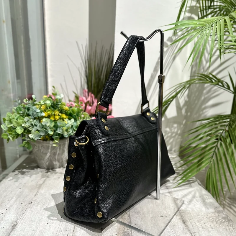 Borsa a Valigetta a Mano Tracolla interna con borchiette Bronzo Vera Pelle