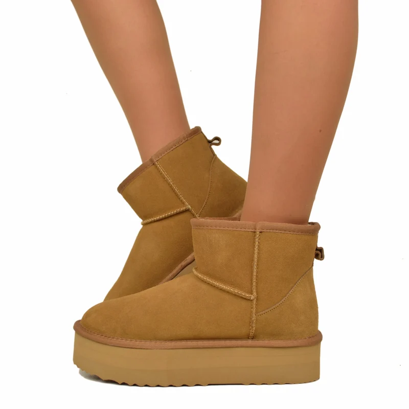 Stivaletti Platform Camel in Pelle Scamosciata Imbottiti in Lana