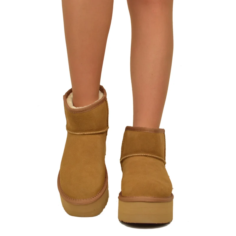 Stivaletti Platform Camel in Pelle Scamosciata Imbottiti in Lana