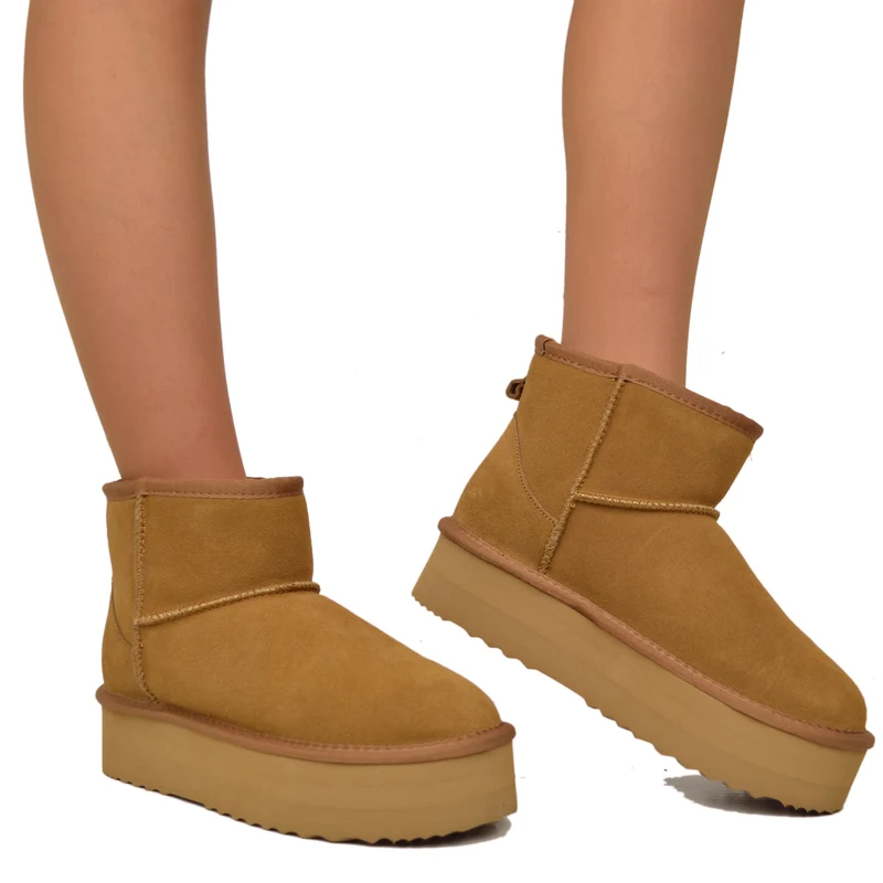 Stivaletti Platform Camel in Pelle Scamosciata Imbottiti in Lana