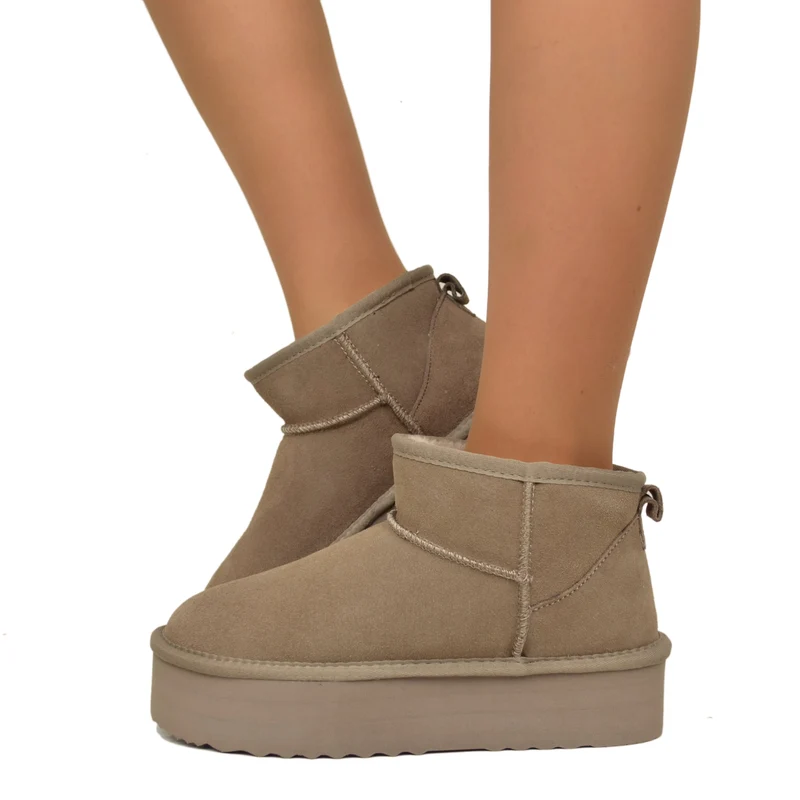 Stivaletti Platform Taupe in Pelle Scamosciata Imbottiti in Lana