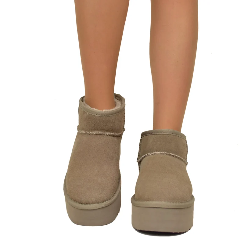Stivaletti Platform Taupe in Pelle Scamosciata Imbottiti in Lana