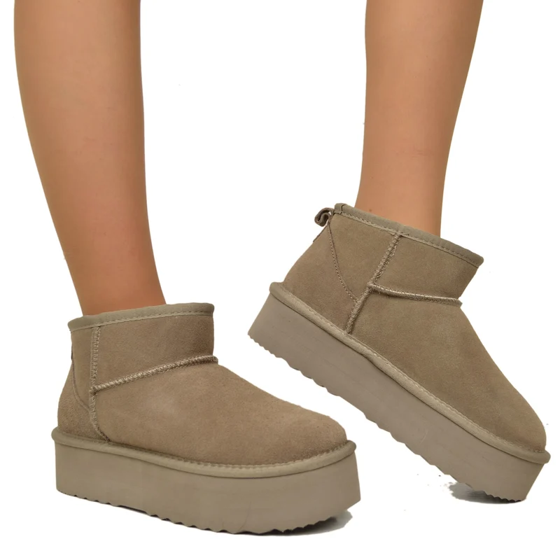 Stivaletti Platform Taupe in Pelle Scamosciata Imbottiti in Lana