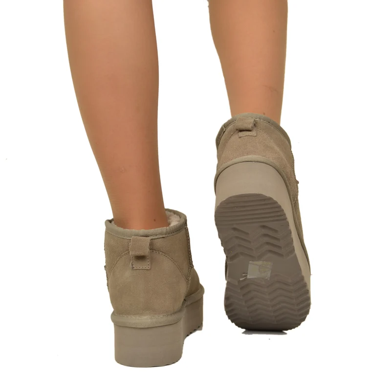 Stivaletti Platform Taupe in Pelle Scamosciata Imbottiti in Lana