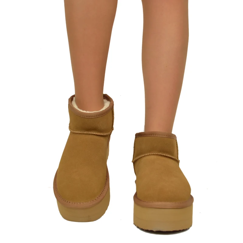 Stivaletti Platform con Pelo in Pelle Scamosciata Imbottiti in Lana