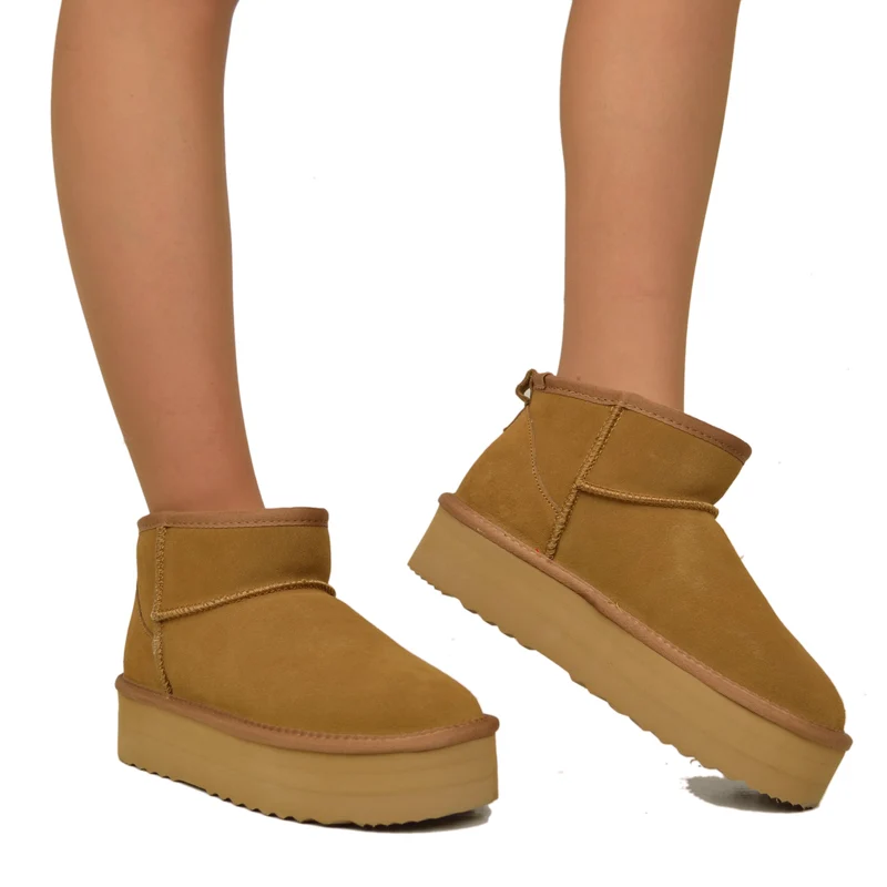 Stivaletti Platform con Pelo in Pelle Scamosciata Imbottiti in Lana