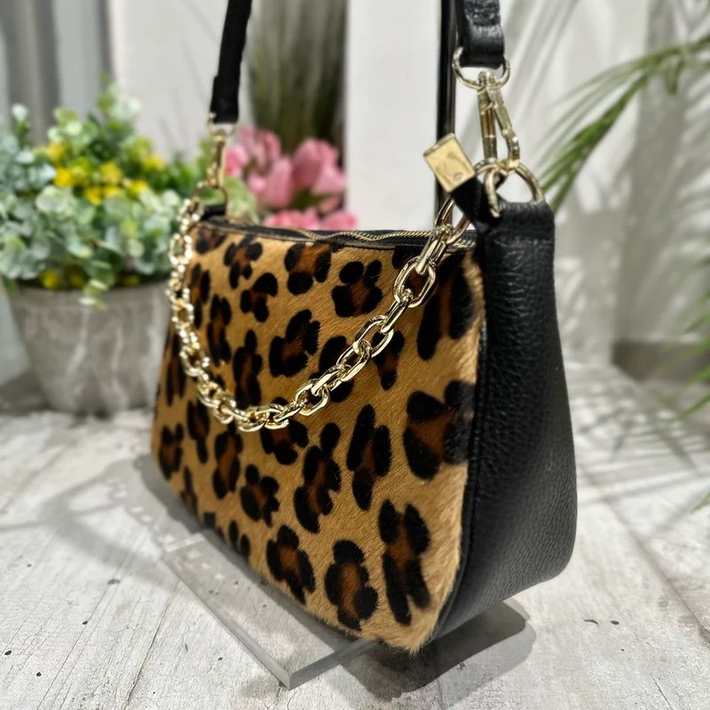 Borsa in Pelle Cavallino Leopardato a Spalla con Catena KIKKIBAG FRANCY