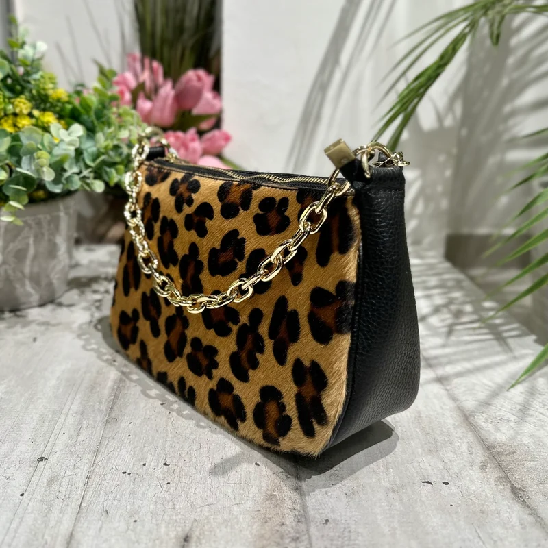 Borsa in Pelle Cavallino Leopardato a Spalla con Catena KIKKIBAG FRANCY