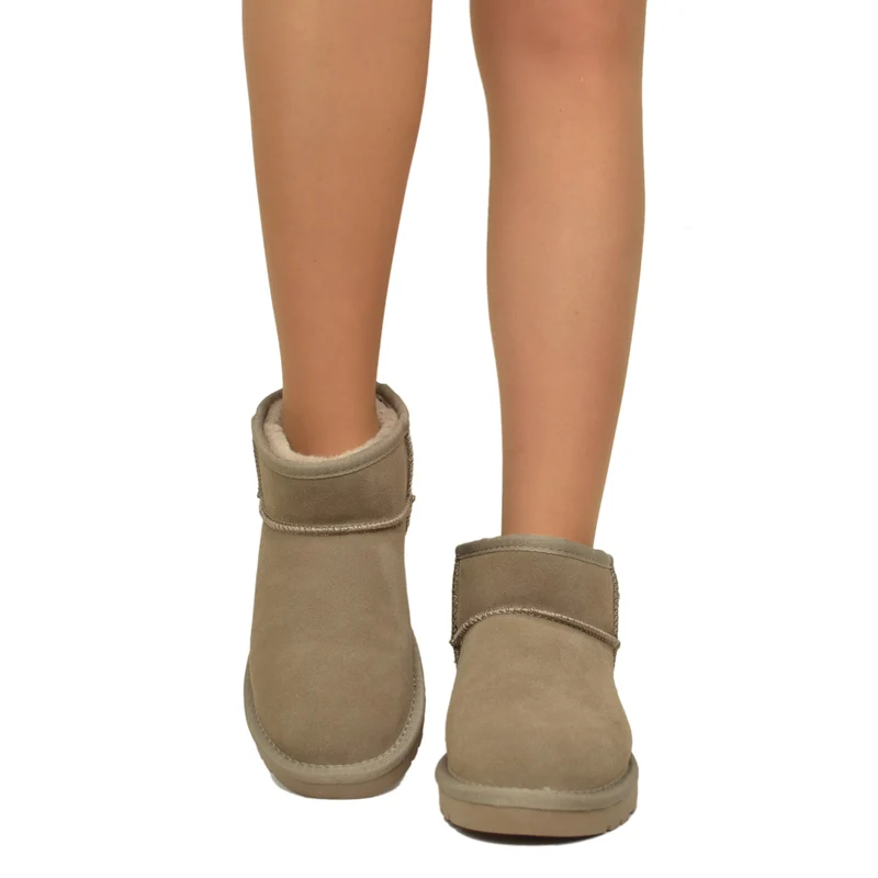 Stivaletti con Pelo Ultra Mini in Pelle Scamosciata Imbottiti in 100% Lana Taupe