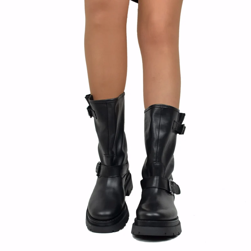 Stivali Donna Biker Neri in Pelle con Fibbie Made in italy