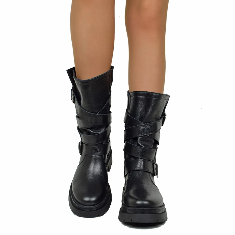Biker Boots Donna in Pelle Bottalata Made in Italy con Fibbie