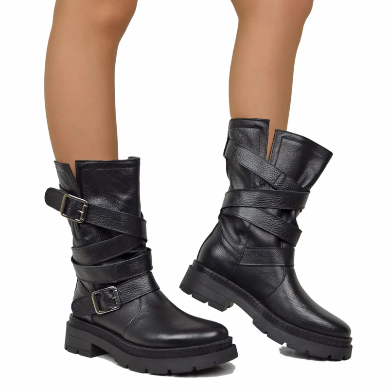 Biker Boots Donna in Pelle Bottalata Made in Italy con Fibbie