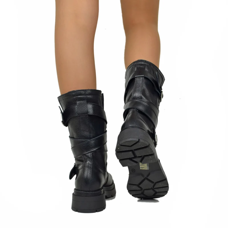 Biker Boots Donna in Pelle Bottalata Made in Italy con Fibbie