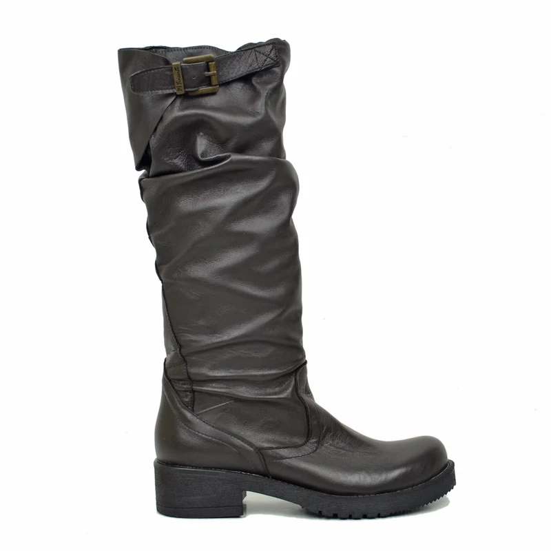 Stivali Donna Biker con Fibbia in Pelle Marroni Made in Italy