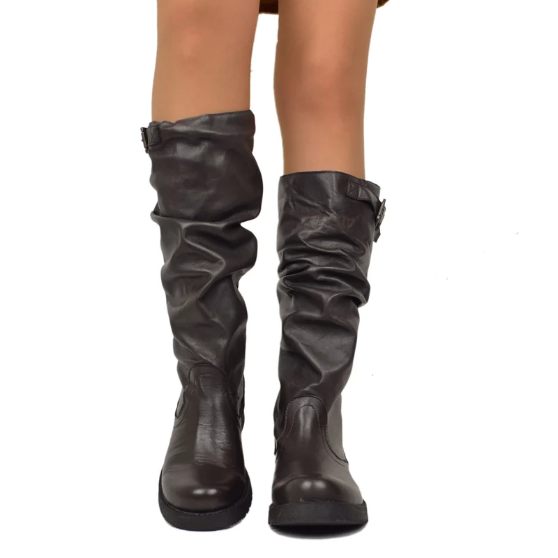 Stivali Donna Biker con Fibbia in Pelle Marroni Made in Italy