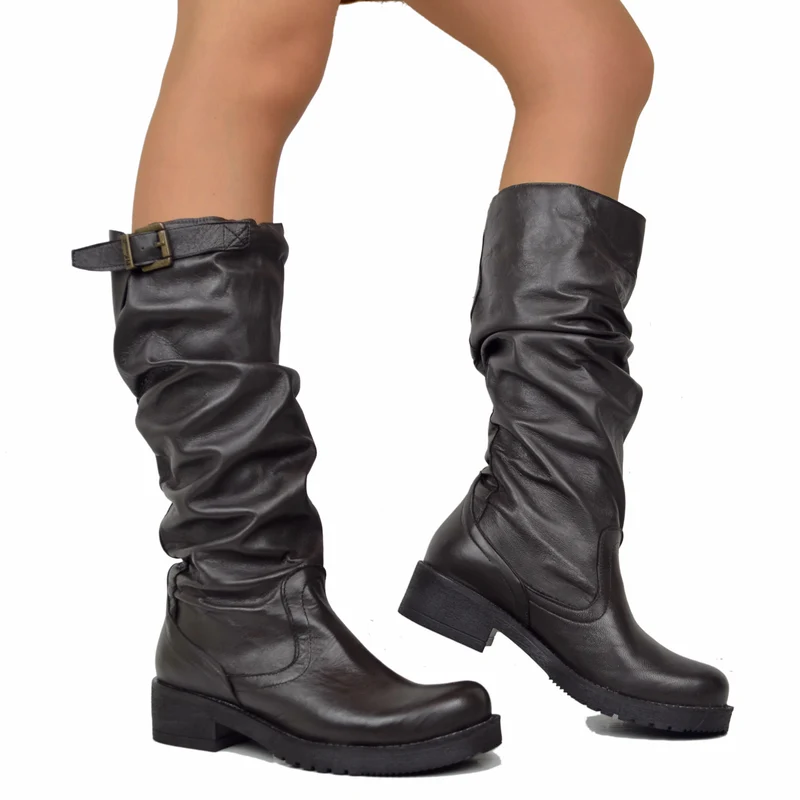 Stivali Donna Biker con Fibbia in Pelle Marroni Made in Italy