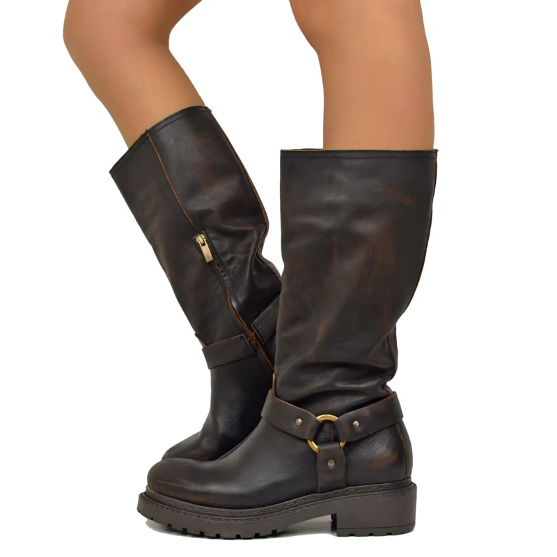 Stivali Biker Police Donna in Pelle Testa di Moro Effetto Used