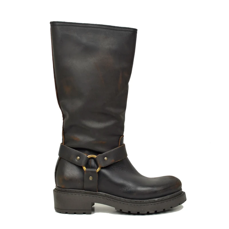 Stivali Biker Police Donna in Pelle Testa di Moro Effetto Used