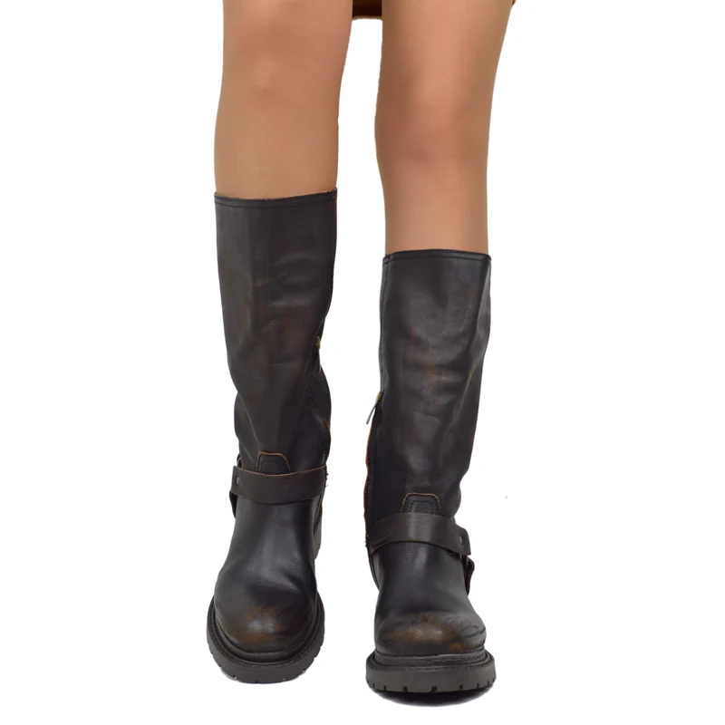 Stivali Biker Police Donna in Pelle Testa di Moro Effetto Used