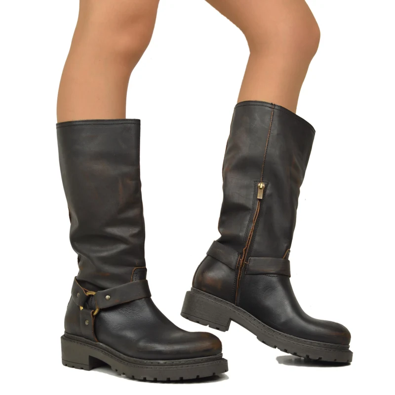 Stivali Biker Police Donna in Pelle Testa di Moro Effetto Used