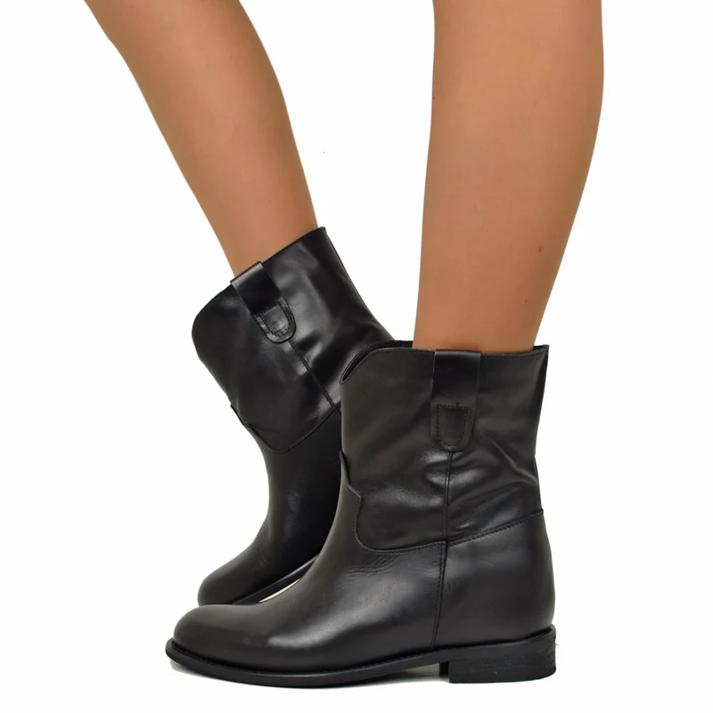 Stivaletti Donna in Pelle Neri con Zeppa Interna Made in Italy