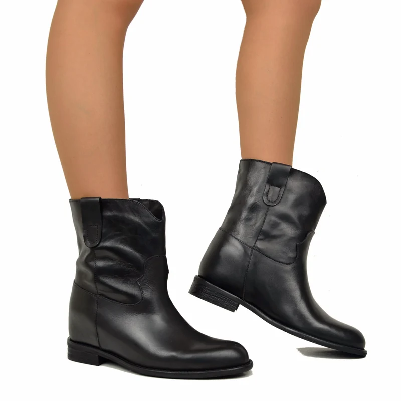 Stivaletti Donna in Pelle Neri con Zeppa Interna Made in Italy