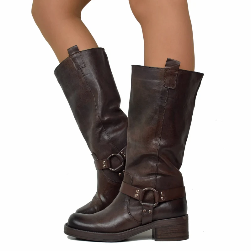 Stivali Donna Biker Marrone in Pelle Rag Vintage con Punta Squadrata