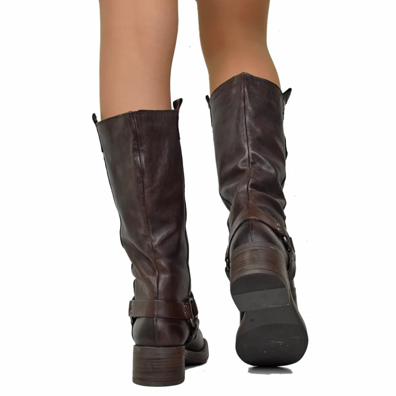 Stivali Donna Biker Marrone in Pelle Rag Vintage con Punta Squadrata