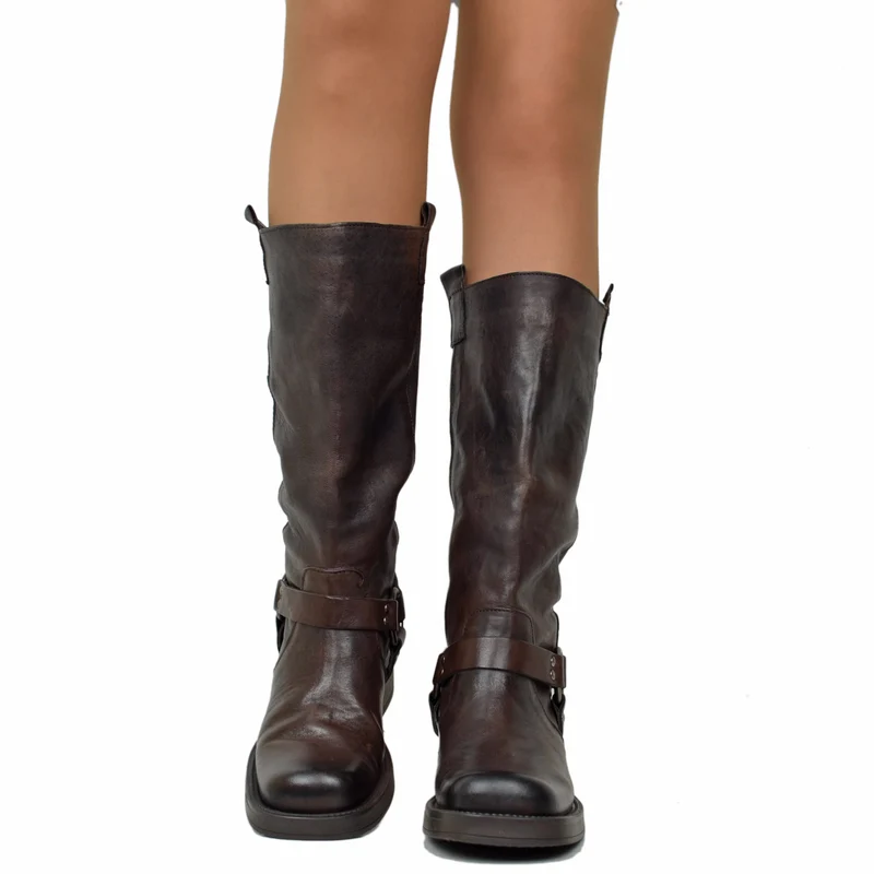 Stivali Donna Biker Marrone in Pelle Rag Vintage con Punta Squadrata