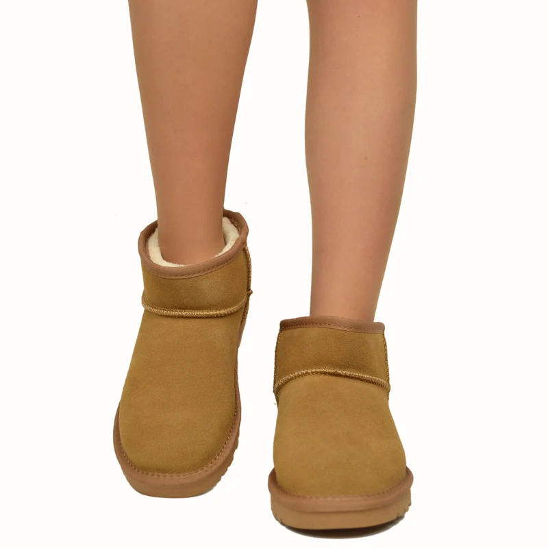 Stivaletti con Pelo Ultra Mini in Pelle Scamosciata Imbottiti in 100% Lana Camel
