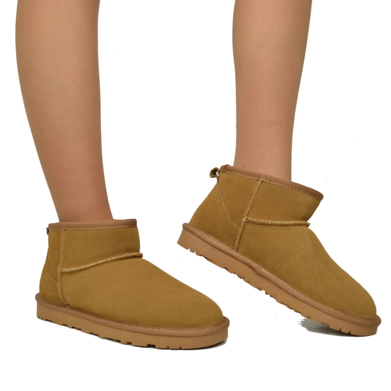 Stivaletti con Pelo Ultra Mini in Pelle Scamosciata Imbottiti in 100% Lana Camel