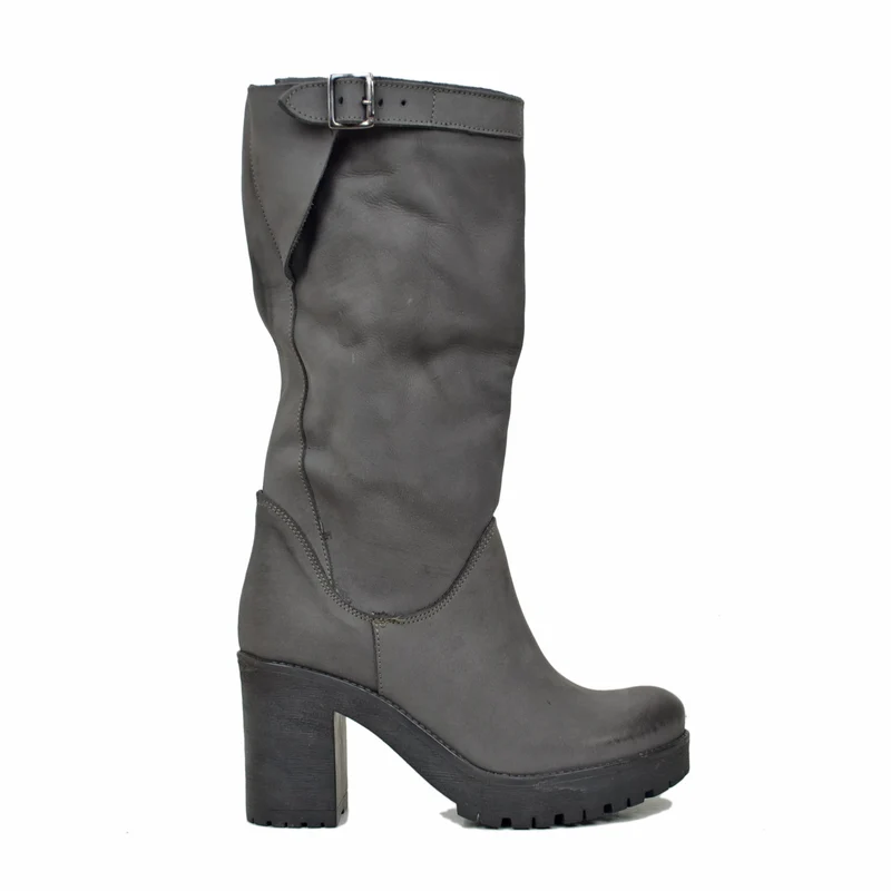 Stivali Donna in Pelle Nabuk Grigio Scuro con Tacco Made in Italy