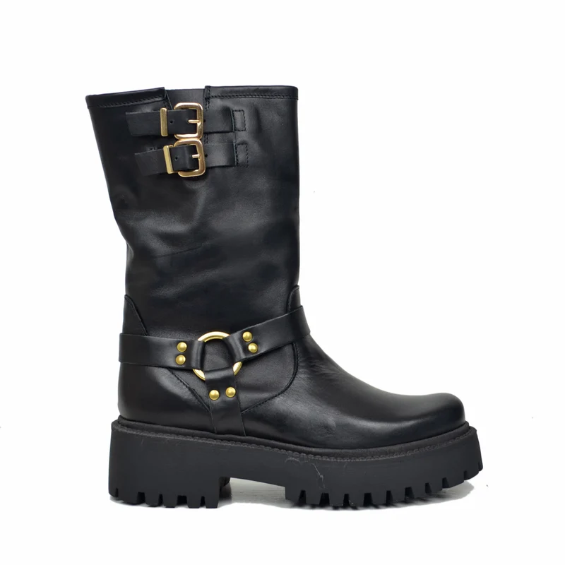 Stivali Biker Donna Neri in Pelle con Fibbie Made in Italy