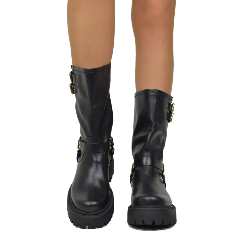 Stivali Biker Donna Neri in Pelle con Fibbie Made in Italy