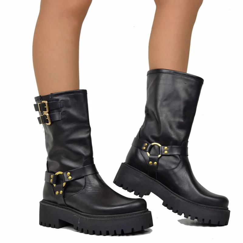 Stivali Biker Donna Neri in Pelle con Fibbie Made in Italy