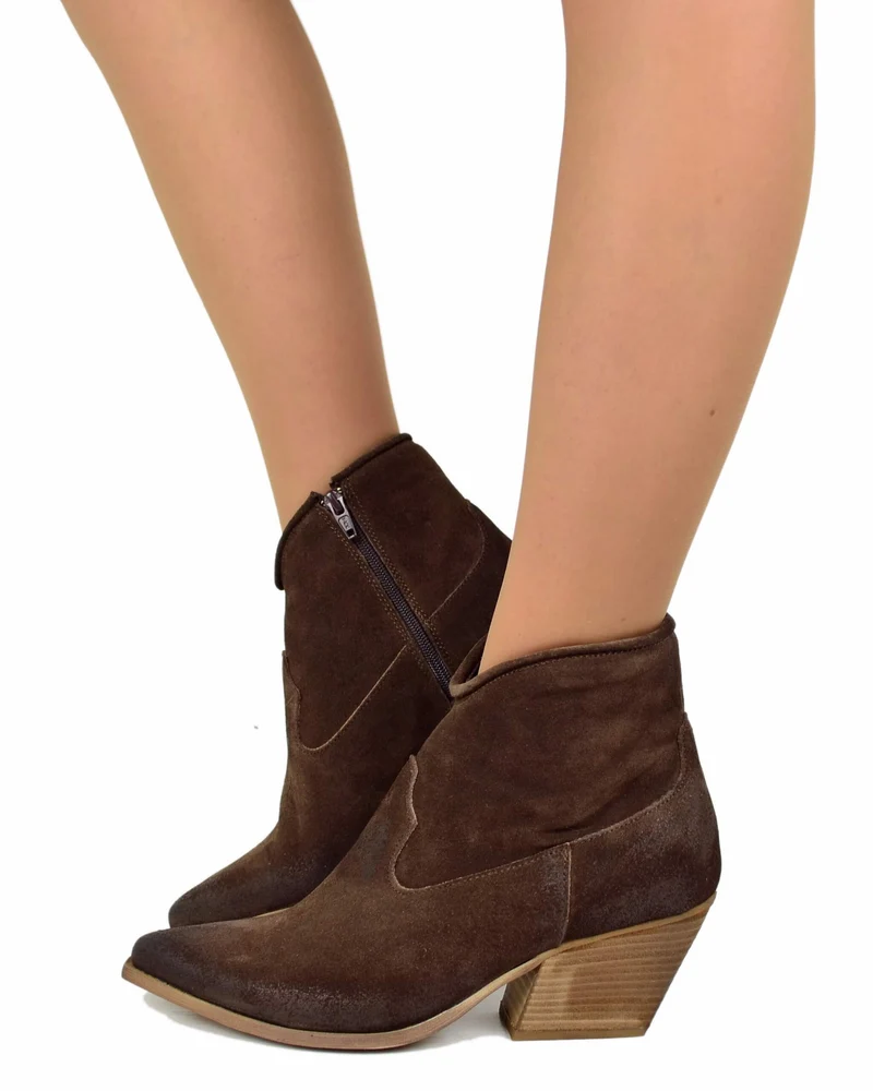 Stivaletti Texanini alla Caviglia Donna in Pelle Scamosciata Testa di Moro